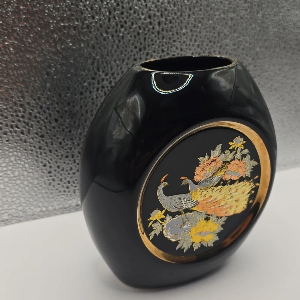 The Art Of Chokin 24k Gold Edged Black Vase With Peacock Design Made In Japan